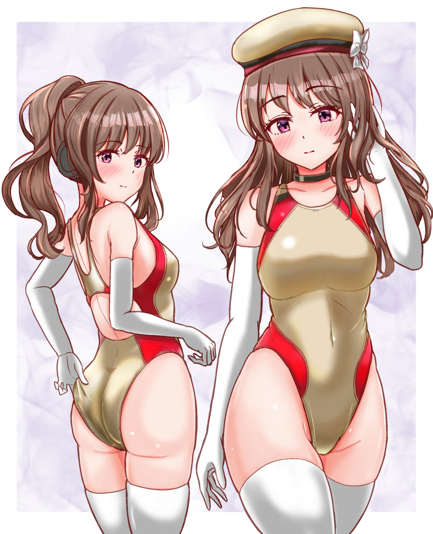 1girl absurdres beret black_choker brown_eyes brown_hair charomi choker competition_swimsuit covered_navel elbow_gloves gloves gold_headwear gold_one-piece_swimsuit hat highleg highleg_swimsuit highres long_hair multiple_views one-piece_swimsuit ponytail sakaide_asa station_memories swimsuit thighhighs two-tone_swimsuit white_gloves white_thighhighs
