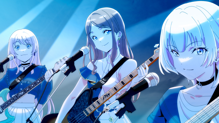 3girls bang_dream! bang_dream!_it's_mygo!!!!! bass_guitar black_choker blue_eyes blue_shirt brown_hair chihaya_anon choker closed_mouth commentary_request dress earrings electric_guitar guitar heterochromia highres holding holding_guitar holding_instrument instrument jewelry kaname_raana long_hair looking_at_viewer microphone multiple_girls nagasaki_soyo nagayama_momo necklace official_art pink_hair playing_guitar shirt skirt smile spot_light translation_request upper_body white_dress white_hair white_skirt