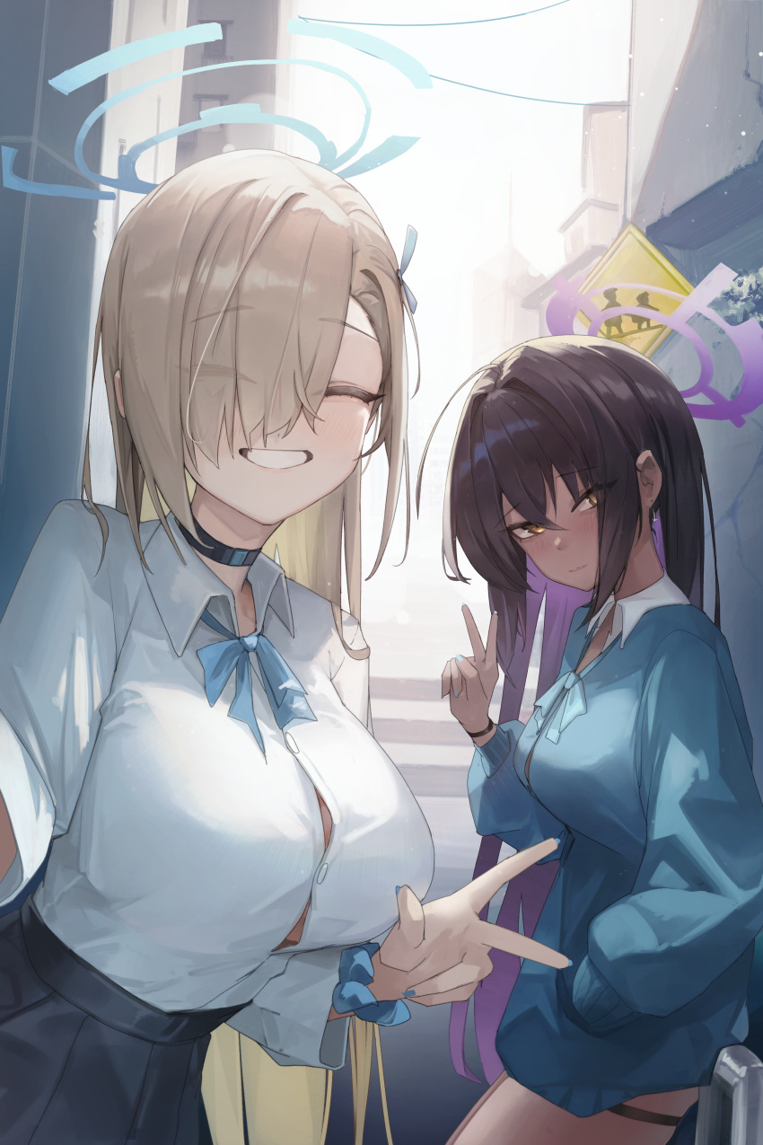 2girls ^_^ absurdres asuna_(blue_archive) black_choker black_hair black_skirt blue_archive blue_halo blue_jacket breasts building button_gap choker closed_eyes closed_mouth collared_shirt colored_inner_hair commentary dark-skinned_female dark_skin facing_viewer hair_over_one_eye halo hand_in_pocket highres jacket jun_daniell karin_(blue_archive) large_breasts long_hair long_sleeves looking_at_viewer multicolored_hair multiple_girls puffy_long_sleeves puffy_sleeves purple_hair purple_halo road_sign school_uniform scrunchie shirt sign skirt smile v white_shirt wrist_scrunchie