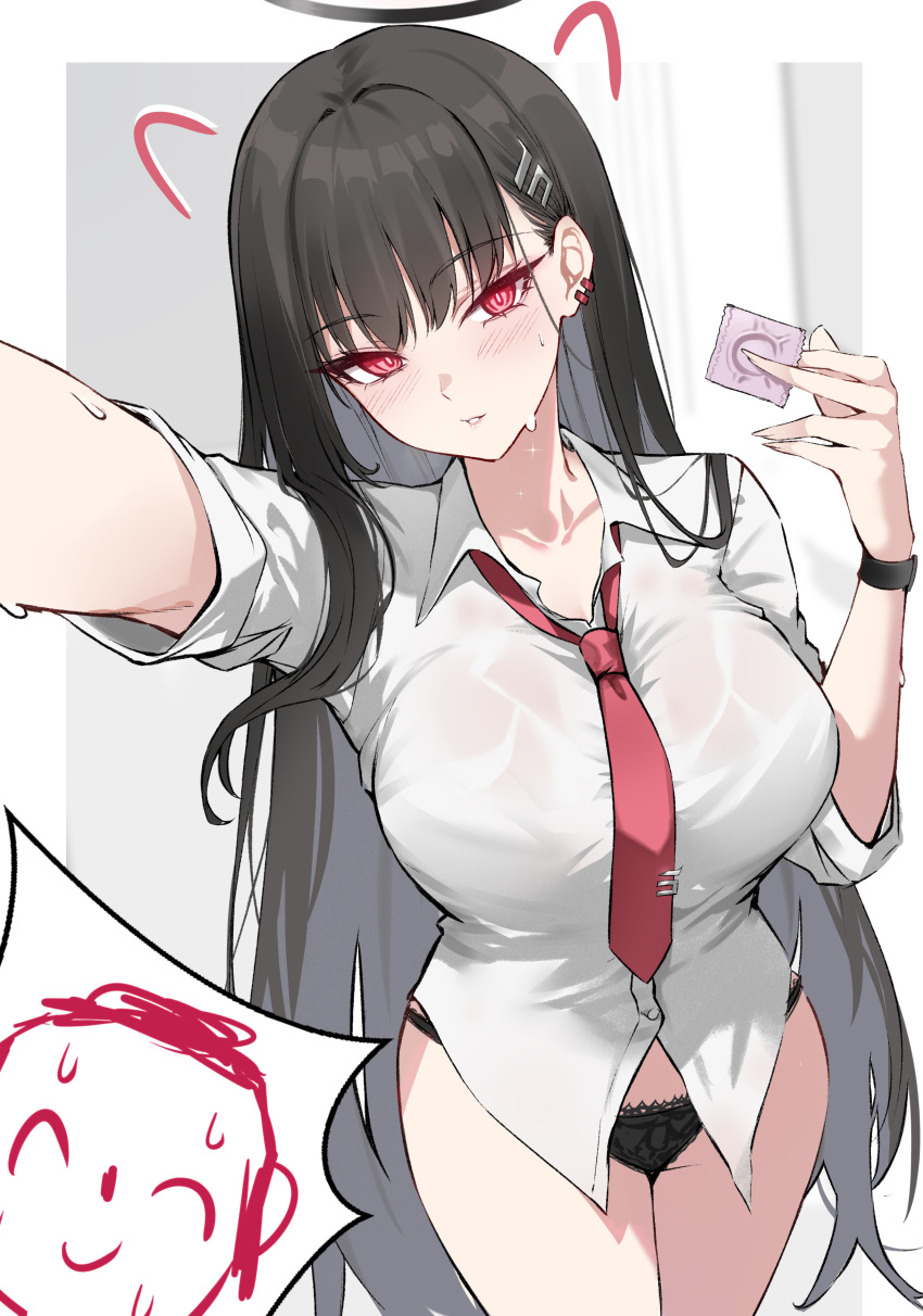 1girl absurdres black_hair black_panties blue_archive blush breasts collared_shirt condom condom_wrapper doodle_sensei_(blue_archive) drawn_ears halo highres holding holding_condom large_breasts long_hair looking_at_viewer necktie outstretched_arm panties parted_lips red_eyes red_necktie rio_(blue_archive) see-through sensei_(blue_archive) shigure_s shirt standing sweat underwear very_long_hair white_shirt
