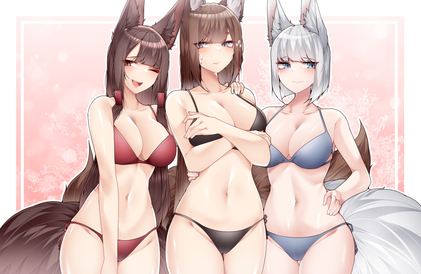 3girls absurdres akagi_(azur_lane) amagi_(azur_lane) animal_ears asia_argento azur_lane bikini black_bikini black_hair blue_bikini blue_eyes blush breasts brown_eyes brown_hair cleavage closed_mouth collarbone covering_breasts covering_privates fox_girl fox_tail grey_hair hair_tubes hand_on_another's_shoulder hand_on_own_hip highres kaga_(azur_lane) long_hair multiple_girls navel one_eye_closed open_mouth red_bikini samip short_hair side-tie_bikini_bottom sidelocks smile standing sweat swimsuit tail teeth thighhighs upper_teeth_only