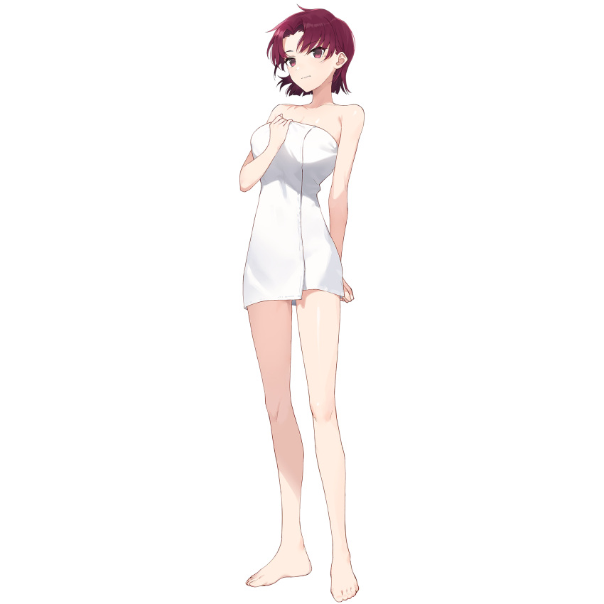 1girl bazett_fraga_mcremitz breasts fate/grand_order fate_(series) game_cg highres large_breasts looking_at_viewer mole mole_under_eye official_art red_eyes red_hair short_hair solo towel transparent_background white_towel