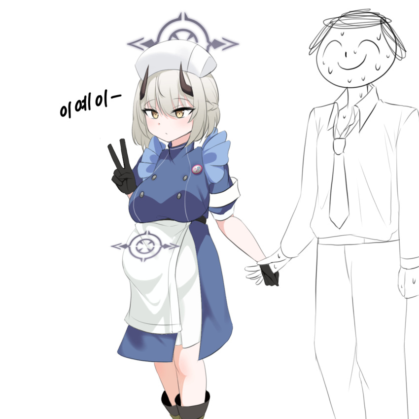 1boy apron black_gloves blue_archive blue_dress boots doodle_sensei_(blue_archive) dress gloves hand_up hat highres horns jahe_(73732258) nurse_cap pregnancy_halo pregnant sena_(blue_archive) sensei_(blue_archive) short_hair skirt v waist_apron white_hair yellow_eyes