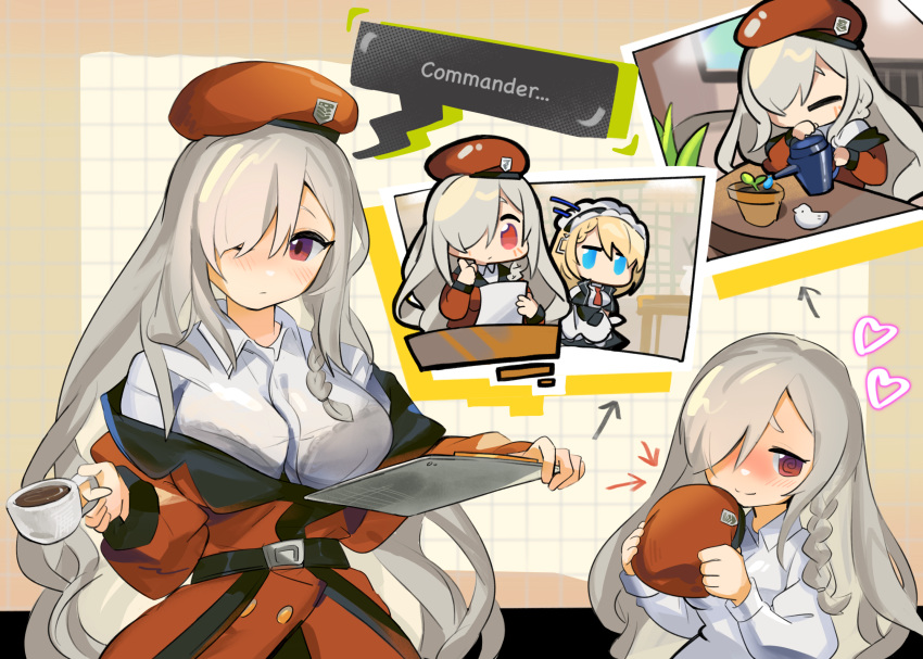 2girls @_@ blonde_hair blue_eyes blush bra_visible_through_clothes braid breasts chesed_(uporyz) chibi clipboard closed_eyes closed_mouth coat coffee collared_shirt commission cup english_text g36_(girls'_frontline) g36c_(girls'_frontline) girls'_frontline grey_hair hair_over_one_eye hat heart highres holding holding_clothes holding_cup holding_hat large_breasts long_hair long_sleeves looking_at_object looking_at_viewer maid maid_headdress multiple_girls off_shoulder plant potted_plant red_beret red_coat red_eyes shirt skeb_commission speech_bubble watering_can white_shirt