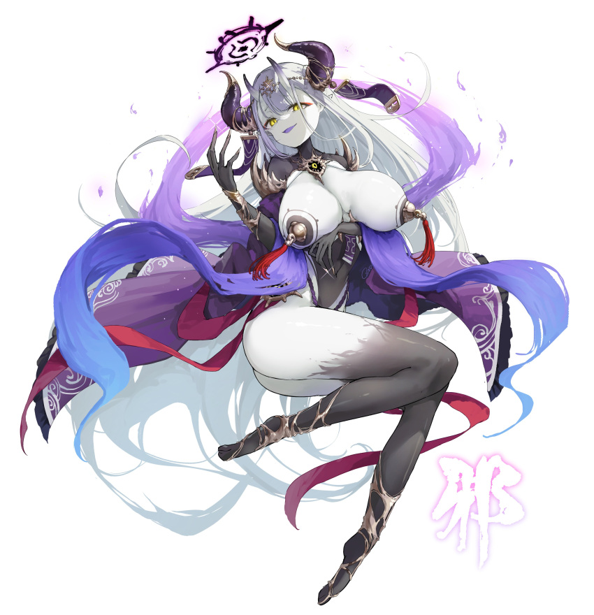 1girl absurdres arm_under_breasts breasts collar colored_skin cuffs demon_girl demon_horns full_body half-closed_eyes halo highres horns large_breasts long_hair looking_at_viewer original osisio shackles solo thighhighs very_long_hair white_background white_hair white_skin yellow_eyes