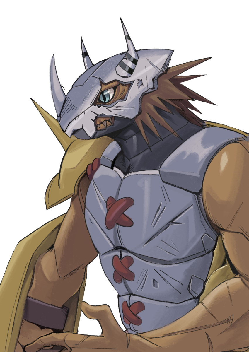 absurdres armor blue_eyes breastplate carina2cl damaged digimon digimon_(creature) highres horns no_humans scar scar_on_arm simple_background slit_pupils solo upper_body wargreymon white_background