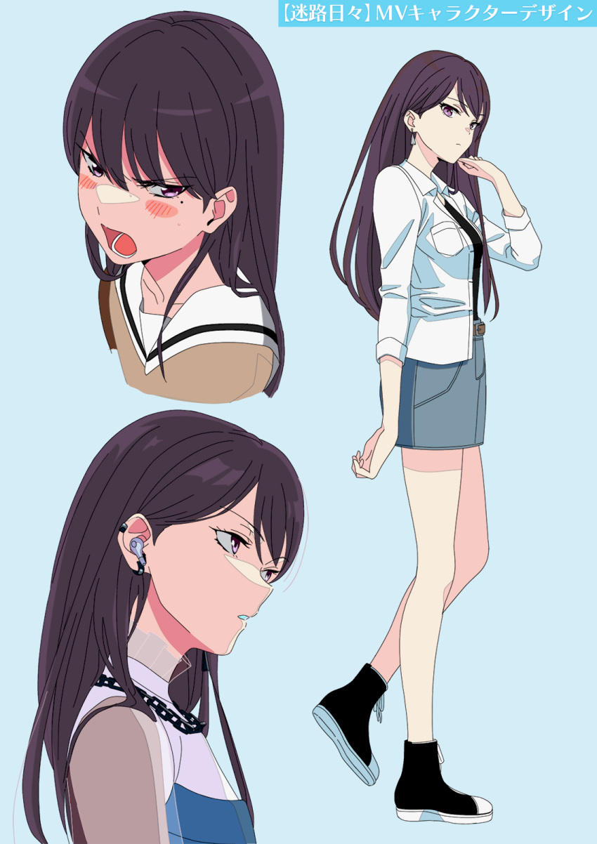 1girl bang_dream! bang_dream!_it's_mygo!!!!! black_footwear black_shirt blue_background blue_skirt blush brown_dress brown_hair chain_necklace closed_mouth commentary_request dress earclip hanasakigawa_school_uniform highres jewelry long_hair looking_at_viewer mole mole_under_eye multiple_views nagayama_momo necklace open_mouth parted_lips purple_eyes sailor_collar school_uniform see-through see-through_sleeves shiina_taki shirt shoes shouting simple_background skirt sneakers white_sailor_collar white_shirt wireless_earphones