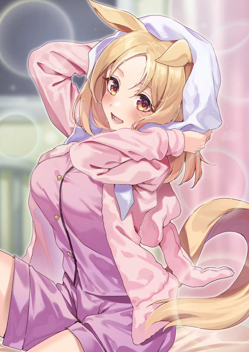 animal_ears blonde_hair blurry blurry_background blush breasts commentary_request hachiroku_(hatirokusann86) highres horse_ears horse_girl horse_tail long_sleeves looking_at_viewer medium_breasts medium_hair narita_top_road_(umamusume) open_mouth pajamas pink_pajamas pink_shorts shorts tail thighs towel towel_on_head umamusume white_towel