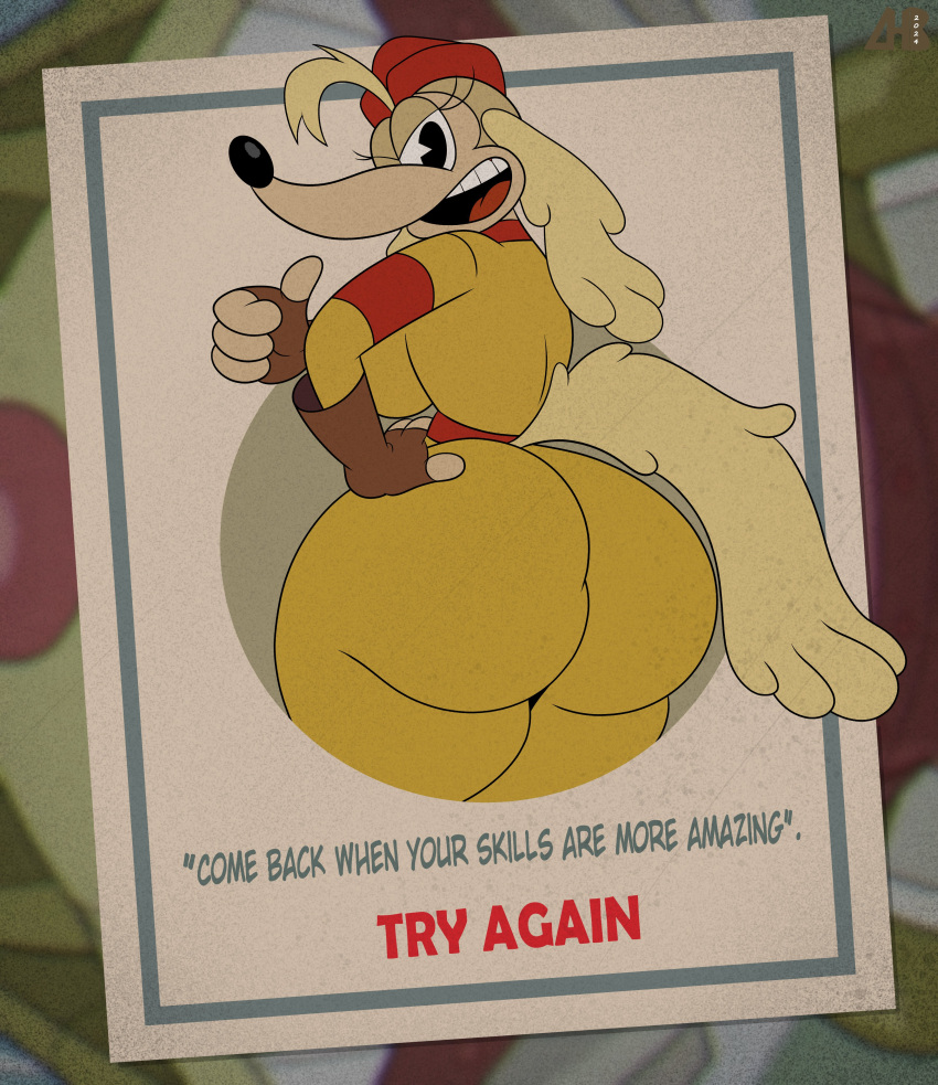 absurd_res anthro big_breasts big_butt black_eyes blonde_hair breasts butt canid canine canis clothing cuphead_(game) curvy_figure detailed_background domestic_dog female fingerless_gloves gesture gloves hair hand_gesture hand_on_butt handwear hat headgear headwear hi_res hiroberserk huge_butt hunting_dog long_hair long_tail looking_at_viewer looking_back mammal one_eye_closed open_mouth portrait rear_view saluki sgt._o'fera_(cuphead) sighthound solo standing tail tail_aside text thick_thighs three-quarter_portrait thumbs_up video_game_reference yellow_tail