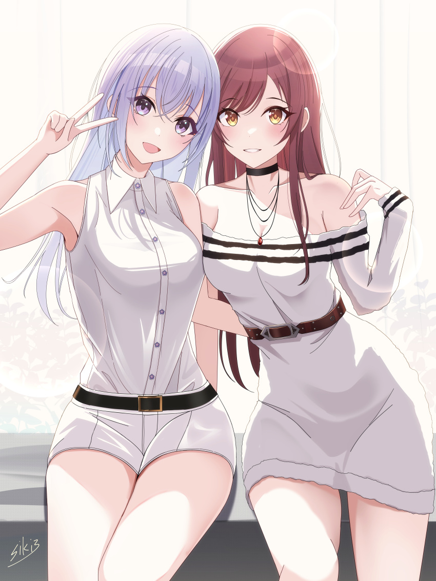 2girls absurdres bare_legs bare_shoulders belt_buckle blue_hair blush breasts brown_hair buckle cleavage dress highres idolmaster idolmaster_shiny_colors long_hair looking_at_viewer medium_breasts multiple_girls off-shoulder_dress off_shoulder osaki_amana purple_eyes shirt shorts signature sikimosh smile straight_hair suzuki_hana thighs v very_long_hair white_dress white_shirt white_shorts yellow_eyes