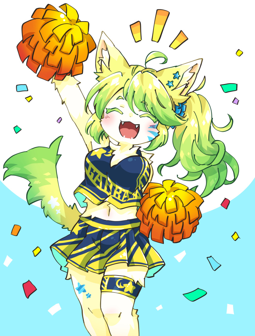 1girl :3 ahoge animal_ear_fluff animal_ears arm_up blue_scrunchie blush breasts cat_ears cheerleader closed_eyes clothes_writing colored_eyelashes confetti crop_top facing_viewer fangs from_side furry furry_female gradient_hair gradient_tail hair_ornament highres kedamamax large_breasts multicolored_background multicolored_clothes multicolored_hair multicolored_shirt multicolored_skirt navel open_mouth original pleated_skirt pom_pom_(cheerleading) scrunchie short_eyebrows side_ponytail skirt solo star_(symbol) star_hair_ornament star_sticker thigh_strap two-tone_background two-tone_shirt two-tone_skirt yellow_fur