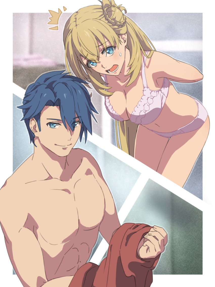 1boy 1girl ^^^ abs agnes_claudel blue_eyes blue_hair blurry blurry_background border breasts chiharu_(9654784) cleavage closed_mouth commentary_request eiyuu_densetsu highres kuro_no_kiseki large_breasts leaning_forward open_mouth outside_border pectorals red_shirt shirt short_hair smile sweat underwear unworn_shirt van_arkride white_border