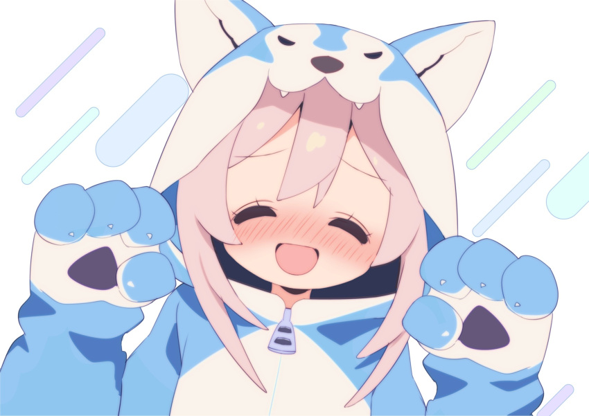 1girl :d ^_^ animal_hands blush closed_eyes commentary facing_viewer gloves highres hood hood_up mochitsuki_kagami nose_blush onii-chan_wa_oshimai! open_mouth oyama_mahiro paw_gloves paw_pose pink_hair portrait simple_background smile solo white_background wolf_hood zipper_pull_tab