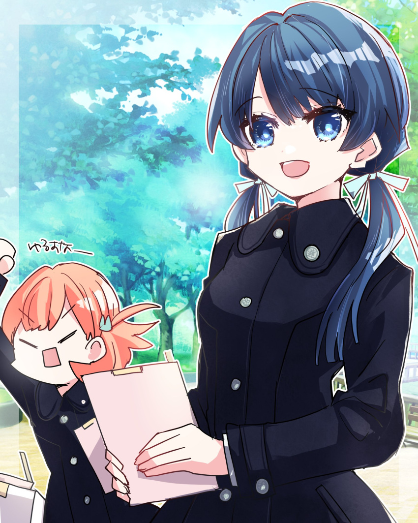 2girls :d angry black_coat blue_eyes blue_hair blue_ribbon border clipboard closed_mouth coat commentary crossed_bangs dark_blue_hair day hair_ornament hair_ribbon hasu_no_sora_school_uniform highres hinoshita_kaho holding holding_clipboard kanduki_kamibukuro link!_like!_love_live! long_hair looking_at_viewer love_live! low_twintails medium_hair multiple_girls murano_sayaka open_mouth orange_hair outdoors outline outside_border rabbit_hair_ornament rectangular_mouth ribbon school_uniform smile solo_focus transparent_border tree twintails two_side_up v-shaped_eyebrows virtual_youtuber white_outline winter_uniform