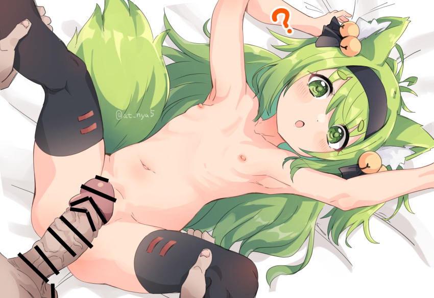 1boy 1girl ? animal_ear_fluff animal_ears armpits arms_up ass azur_lane bar_censor breasts censored commentary_request erection fox_ears fox_girl fox_tail green_eyes green_hair groin heart heart_censor hetero highres imminent_penetration imminent_vaginal isokaze_(azur_lane) leg_grab legs legs_up long_hair looking_at_viewer navel nipples nude okura-chan_(at_nya5) open_mouth penis small_breasts spread_legs stomach tail thighs