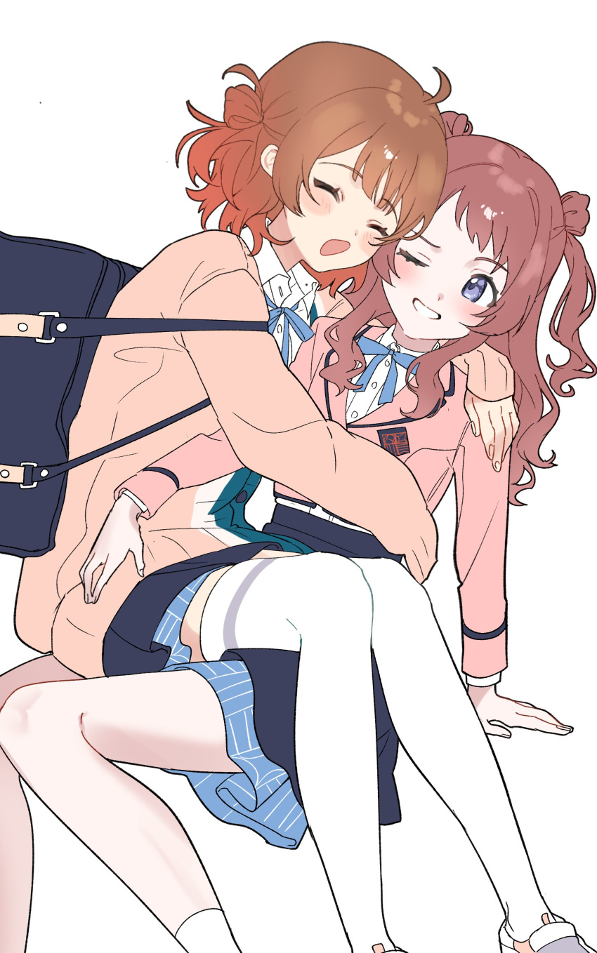 2girls ;d ^_^ absurdres bag blazer blue_ribbon blue_skirt blush brown_cardigan brown_hair brown_jacket cardigan closed_eyes gakuen_idolmaster hanami_saki hanami_ume highres idolmaster jacket kameria526 long_hair long_sleeves looking_at_another multiple_girls neck_ribbon one_eye_closed ribbon school_bag school_uniform siblings simple_background sisters sitting sitting_on_person skirt smile socks thighhighs two_side_up white_background white_socks white_thighhighs