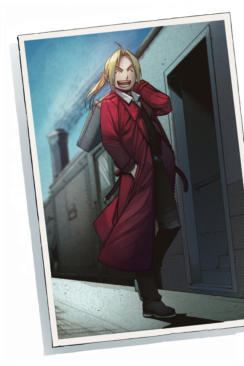 1boy absurdres black_pants black_shirt blonde_hair closed_eyes coat edward_elric fullmetal_alchemist highres long_hair long_sleeves male_focus micao1750 outdoors pants photo_(object) ponytail red_coat shadow shirt smile smoke solo suitcase train train_station_platform