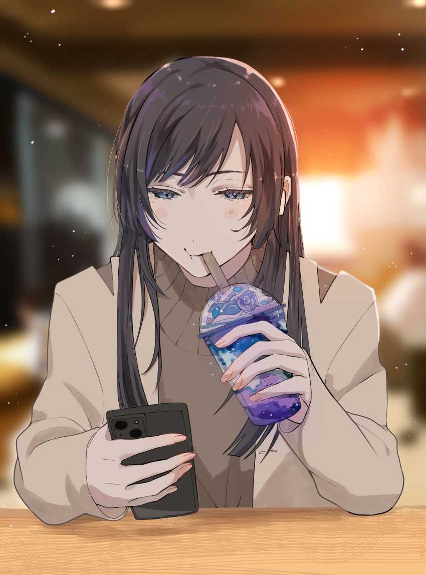 1girl ado_(utaite) black_hair blue_eyes blush brown_jacket brown_sweater casual cellphone chando_(ado) cloud_nine_inc commentary cup disposable_cup drinking_straw drinking_straw_in_mouth gunzi_(gunzi_miyuu_03) highres holding holding_cup holding_phone indoors jacket long_hair long_sleeves mole mole_under_eye open_clothes open_jacket phone smartphone solo sweater symbol-only_commentary utaite