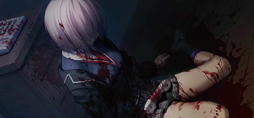 1girl bleeding blood blood_on_clothes blood_on_hands blood_splatter breasts corpse death fate/grand_order fate_(series) game_cg long_sleeves mash_kyrielight murder official_art pink_hair pleated_skirt pool_of_blood purple_hair school_uniform shirt short_hair skirt solo string_phone