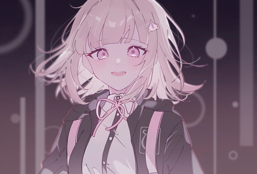 1girl :d collared_shirt danganronpa_(series) danganronpa_2:_goodbye_despair dress_shirt flipped_hair gradient_background hair_ornament highres jacket long_sleeves looking_at_viewer medium_hair nanami_chiaki neck_ribbon open_clothes open_jacket pink_eyes pink_ribbon pote_(pote_39) ribbon shirt smile solo spaceship_hair_ornament teeth upper_teeth_only white_shirt