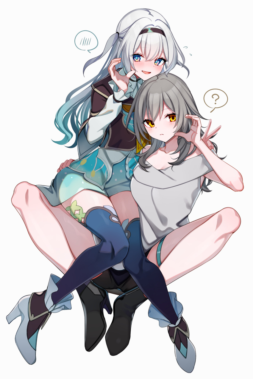2girls ? aqua_footwear aqua_skirt black_footwear black_jacket black_skirt blue_thighhighs blush breasts carrying_over_shoulder cleavage closed_mouth commentary_request expressionless firefly_(honkai:_star_rail) floating full_body gradient_legwear grey_hair grey_shirt hand_up heart_cheeks high_heels highres honkai:_star_rail honkai_(series) jacket long_hair looking_at_viewer looking_to_the_side multiple_girls nose_blush off-shoulder_shirt off_shoulder one_side_up open_mouth purple_eyes shirt simple_background skirt smile spoken_blush spoken_question_mark stelle_(honkai:_star_rail) textless_version thighhighs thighs trailblazer_(honkai:_star_rail) white_background white_hair white_shirt yellow_eyes yodare_(3yami8)