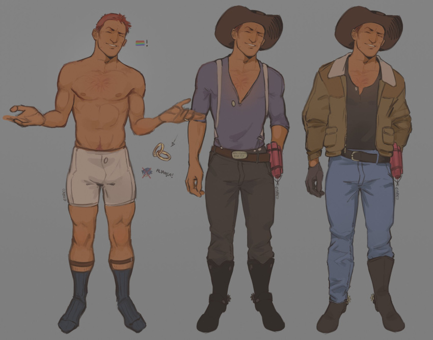 1boy bara beard boxers bulge chest_hair cowboy_(enri) cowboy_hat cowboy_western enri_(ceinordraws) facial_hair full_body hairy hat highres leg_hair looking_at_viewer male_focus male_underwear meme multiple_views navel navel_hair nipples original pants pectorals pride_flag_question_mark_(meme) reference_sheet shirt short_hair sparse_chest_hair standing stomach t-shirt thick_beard thick_eyebrows thick_mustache toned toned_male topless_male underwear white_male_underwear