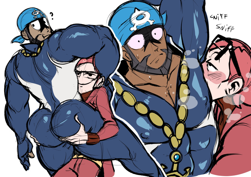 absurdres archie_(pokemon) armpit_focus ass_grab bandana bara beard black_skin blush colored_skin diving_suit facial_hair glasses highres male_focus mawile123 maxie_(pokemon) muscular muscular_male pokemon pokemon_oras red_hair smelling_armpit surprised team_aqua team_magma