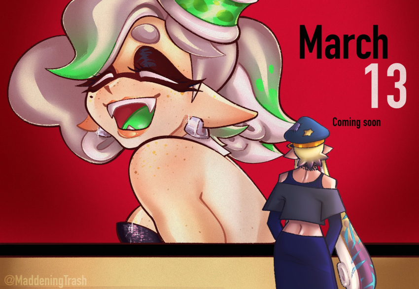 2girls agent_3_(splatoon) billboard blue_hat breasts closed_eyes colored_tongue domino_mask earrings freckles glint gradient_hair green_hair green_tongue grey_hair hat highres inkling inkling_girl inkling_player_character jewelry long_hair maddeningtrash marie_(splatoon) mask meme multicolored_hair multiple_girls open_mouth pointy_ears poster_(object) short_hair sideboob smile splatoon_(series) splatoon_1 twitter_username veil_scene_14_redraw_(meme) very_long_hair