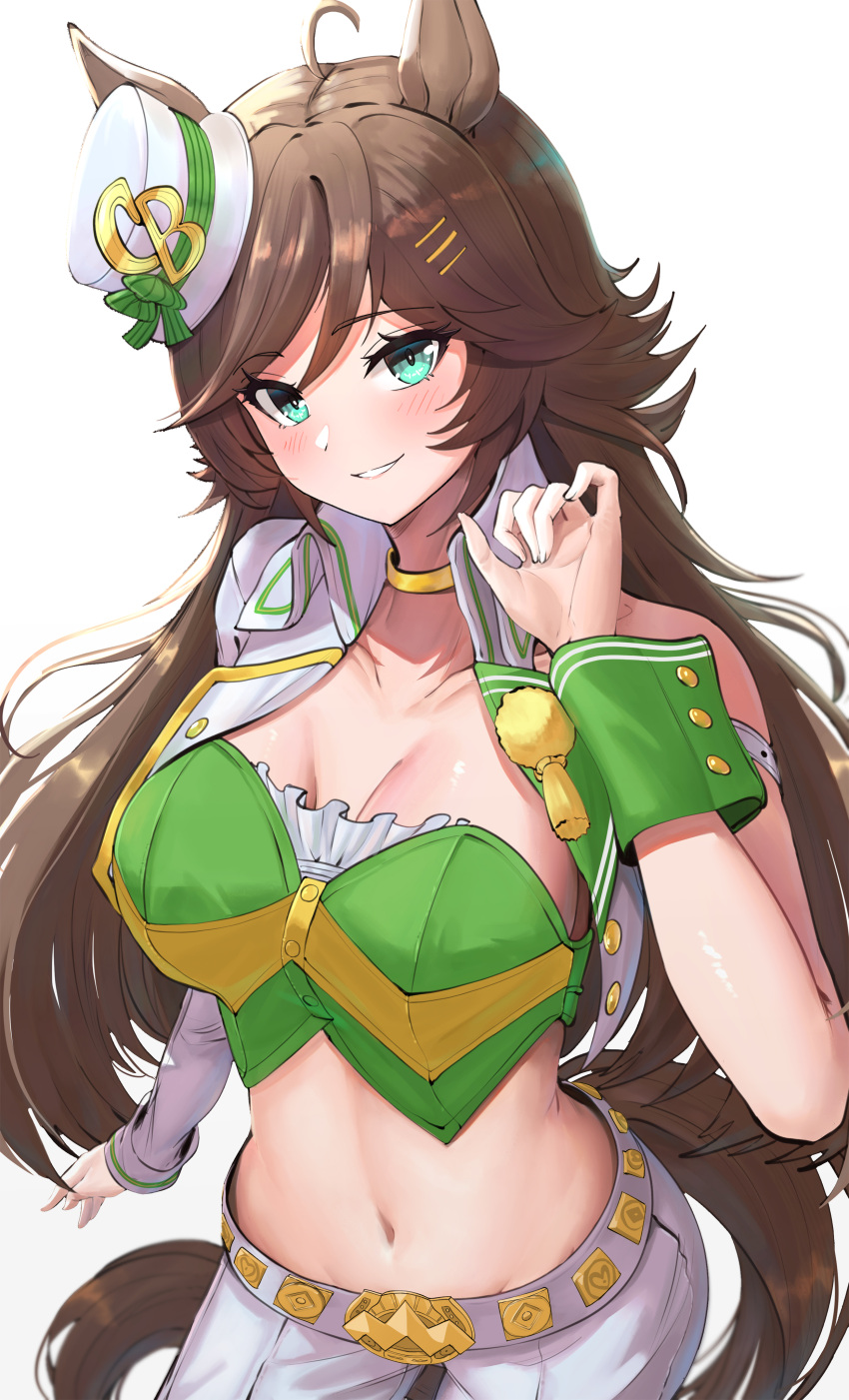1girl absurdres ahoge animal_ears aqua_eyes breasts brown_hair choker commentary_request cowboy_shot crop_top grin hair_ornament hairclip hat highres horse_ears large_breasts long_hair looking_at_viewer midriff mini_hat mini_top_hat mr._c.b._(umamusume) navel pants shirt simple_background single_bare_shoulder smile solo standing stomach strapless strapless_shirt take978733141 top_hat umamusume very_long_hair white_background white_hat white_pants wrist_cuffs yellow_choker
