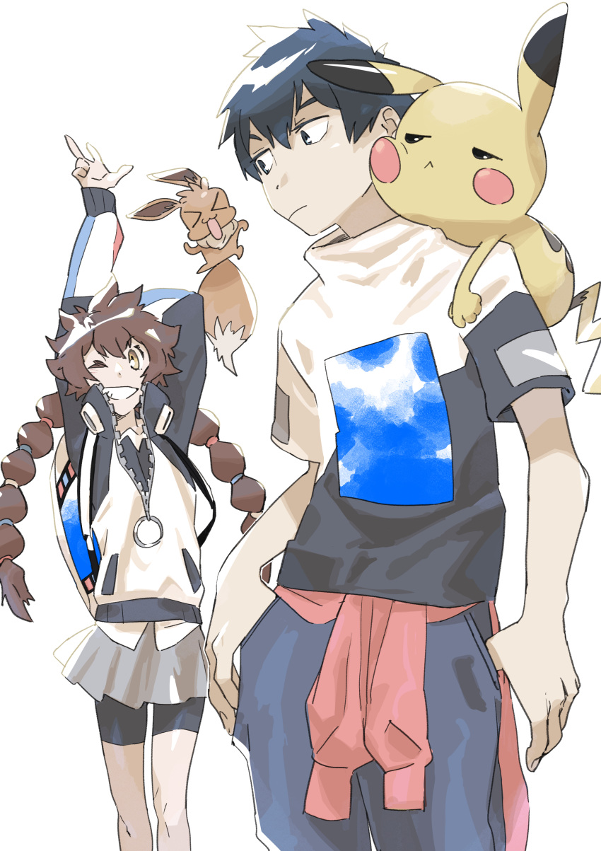 &gt;_&lt; 1boy 1girl absurdres bike_shorts black_eyes black_hair brown_hair closed_mouth clothes_around_waist donnpati eevee gotcha! gotcha!_boy_(pokemon) gotcha!_girl_(pokemon) grin highres jacket long_hair multi-tied_hair on_shoulder pants pikachu pokemon pokemon_(creature) pokemon_on_shoulder shirt short_hair short_sleeves skirt smile stretching teeth twintails white_background zipper