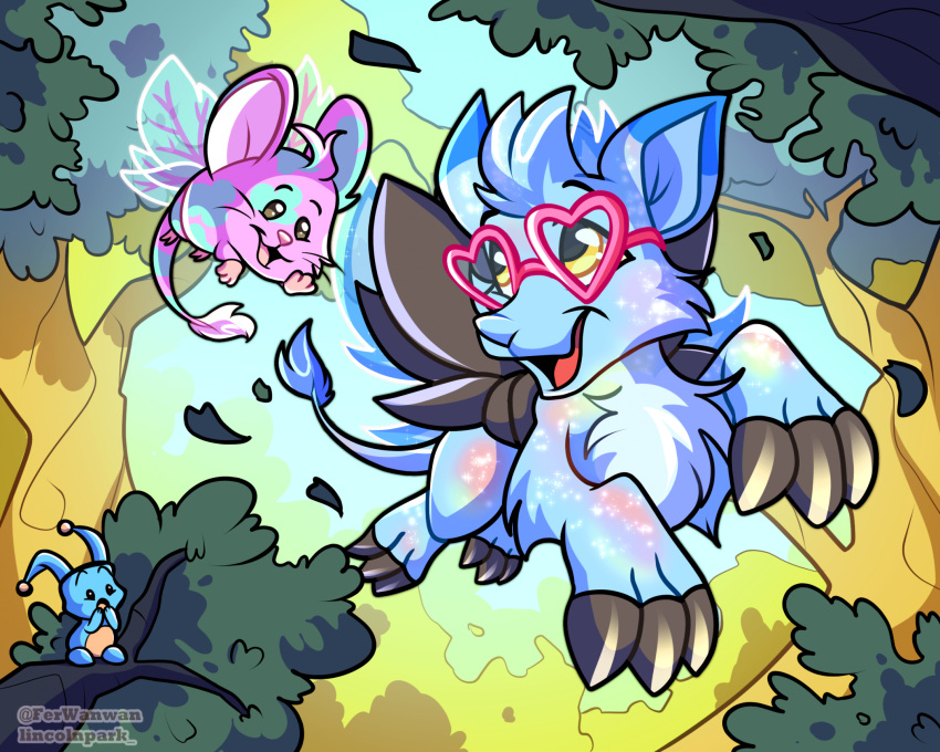 2024 ambiguous_gender anthro arthropod biped bori_(neopets) breebly chibi eyewear faerie_neopet fan_character feet feral ferwanwan flying fur glasses group head_tuft heart_glasses hi_res insect insect_wings looking_back mammal nature neopet_(species) neopets open_mouth outside petpet_(neopets) petpetpet_(neopets) pink_body pink_fur plant quadruped rodent semi-anthro shaded sparkles sparkling_body sparkling_fur suprised_look tail tail_tuft tree trio tuft watermark wings yullie
