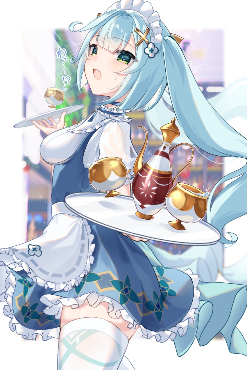 1girl alternate_costume apron aqua_hair aqua_pupils blue_choker blurry blurry_background chalice choker cup depth_of_field enmaided falling faruzan_(cafe)_(genshin_impact) faruzan_(genshin_impact) genshin_impact hair_ornament highres holding holding_tray long_hair maid maid_headdress makaroni_(makaroni_kana) official_alternate_costume open_mouth short_sleeves skindentation solo teapot thighhighs tray twintails white_thighhighs x_hair_ornament zettai_ryouiki