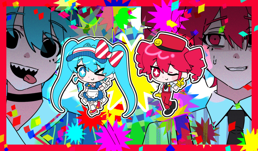 2girls black_eyes blue_dress blue_eyes blue_hair border bow chado_5252 confetti dress drill_hair finger_gun gloves hair_bow hand_up hatsune_miku highres kasane_teto long_hair looking_at_viewer mesmerizer_(vocaloid) multiple_girls one_eye_closed open_mouth pants pink_eyes pink_hair pink_pants pinstripe_dress pinstripe_hat pinstripe_pattern puffy_short_sleeves puffy_sleeves red_border roller_skates sharp_teeth short_sleeves skates sparkling_eyes striped_bow teeth tridecagram twin_drills twintails utau very_long_hair visor_cap vocaloid waitress yellow_gloves