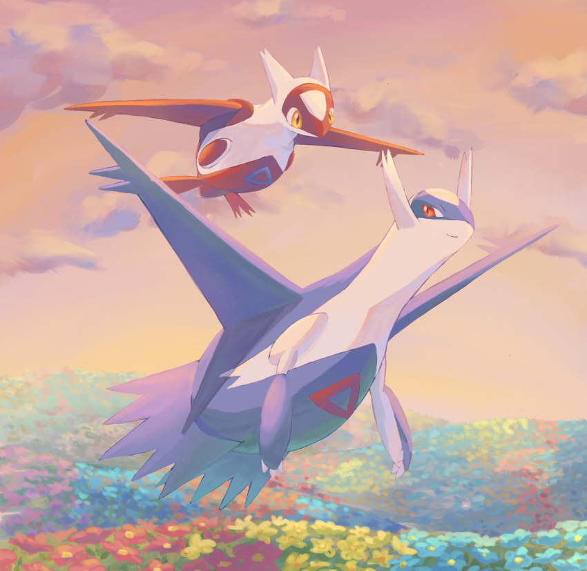 blue_wings cloud dragon flower flying highres keruasu0629 latias latios looking_at_another nature no_humans outdoors pokemon red_eyes red_wings wings yellow_eyes