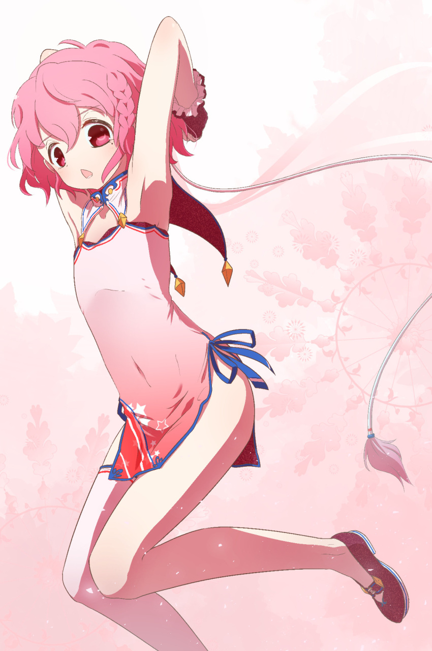 1boy armpits arms_behind_head arms_up blue_ribbon braid china_dress chinese_clothes commentary covered_navel crossdressing dress english_commentary foot_out_of_frame highres looking_at_viewer mole mole_under_eye open_mouth otoko_no_ko pink_dress pink_eyes pink_hair pretty_series pripara reona_west ribbon ruru_ashihara shoes short_hair side_braid side_slit solo standing