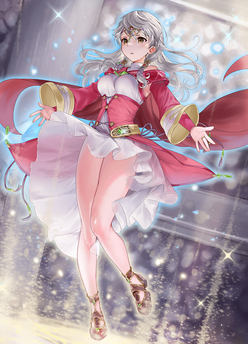 1girl bare_legs cape detached_sleeves diadem dress fire_emblem fire_emblem:_radiant_dawn floating floating_hair forehead_jewel full_body glowing grey_hair hair_tubes haru_(nakajou-28) highres long_hair micaiah_(fire_emblem) micaiah_(queen_of_dawn)_(fire_emblem) outstretched_arms pink_cape short_dress solo underbust white_dress