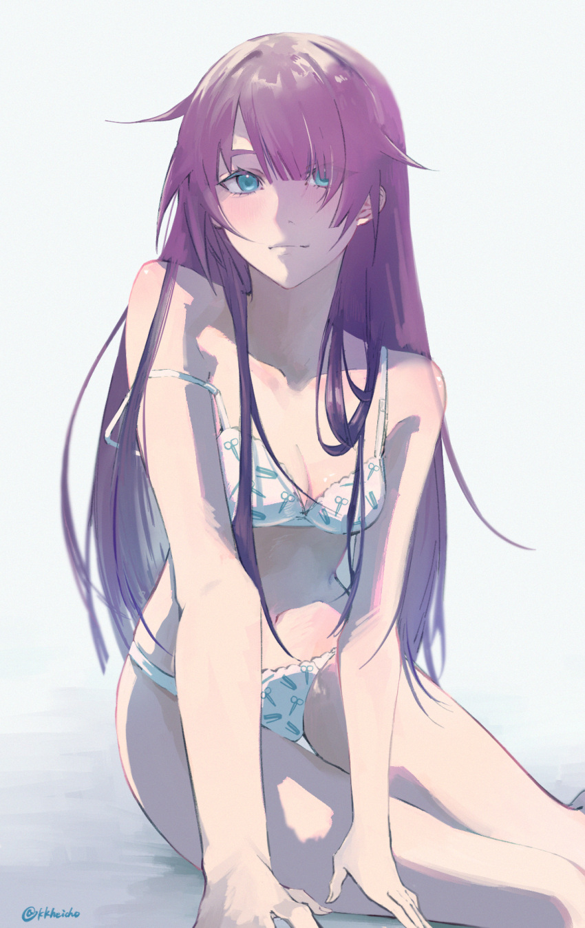 1girl aqua_eyes artist_name bakemonogatari blush bra breasts clip_studio_paint_(medium) closed_mouth collarbone commentary eyelashes feet_out_of_frame grey_background highres kkheicho long_hair looking_at_viewer medium_breasts monogatari_(series) navel print_bra purple_hair senjougahara_hitagi shadow sidelocks sitting solo strap_slip thighs twitter_username underwear underwear_only very_long_hair white_bra yokozuwari