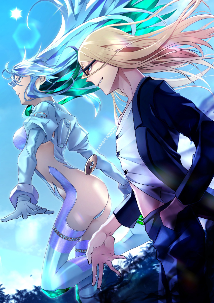 1boy 1girl absurdres ass aztec black_jacket black_nails blonde_hair blue_hair breasts cigarette coat colored_inner_hair cropped_jacket crystal_hair fate/grand_order fate_(series) flapper_shirt gloves gold_necklace green_eyes green_hair highres holding holding_cigarette jacket jewelry juliet_sleeves kukulkan_(fate) kukulkan_(second_ascension)_(fate) large_breasts leotard light_blue_hair long_hair long_sleeves medallion mexican_clothes midriff_peek morita_yuu multicolored_hair necklace open_clothes open_jacket puffy_sleeves shirt shrug_(clothing) sideless_outfit sidelocks smile sunglasses tezcatlipoca_(fate) thighs trench_coat white_jacket white_leotard white_shirt