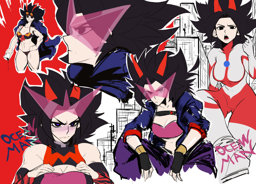 1girl absurdres angry artist_name bikini black_eyes black_gloves black_hair blue_jacket blush bodysuit breasts cape caulifla character_request city cleavage cosplay dragon_ball dragon_ball_super english_commentary english_text eyewear_on_head fingerless_gloves gloves hands_on_own_chest hands_on_own_hips highres horns jacket light_frown long_hair multicolored_bodysuit multicolored_clothes multiple_views ocean_man_(artist) open_mouth outline pants pink-tinted_eyewear pink_tube_top pointing pointing_at_self purple_eyes purple_pants red_bodysuit sidelocks signature silver_bodysuit spiked_hair squatting strapless sunglasses swimsuit teeth tinted_eyewear tube_top two-tone_bodysuit ultra_series ultraman ultraman_(1st_series) ultraman_(cosplay) white_outline