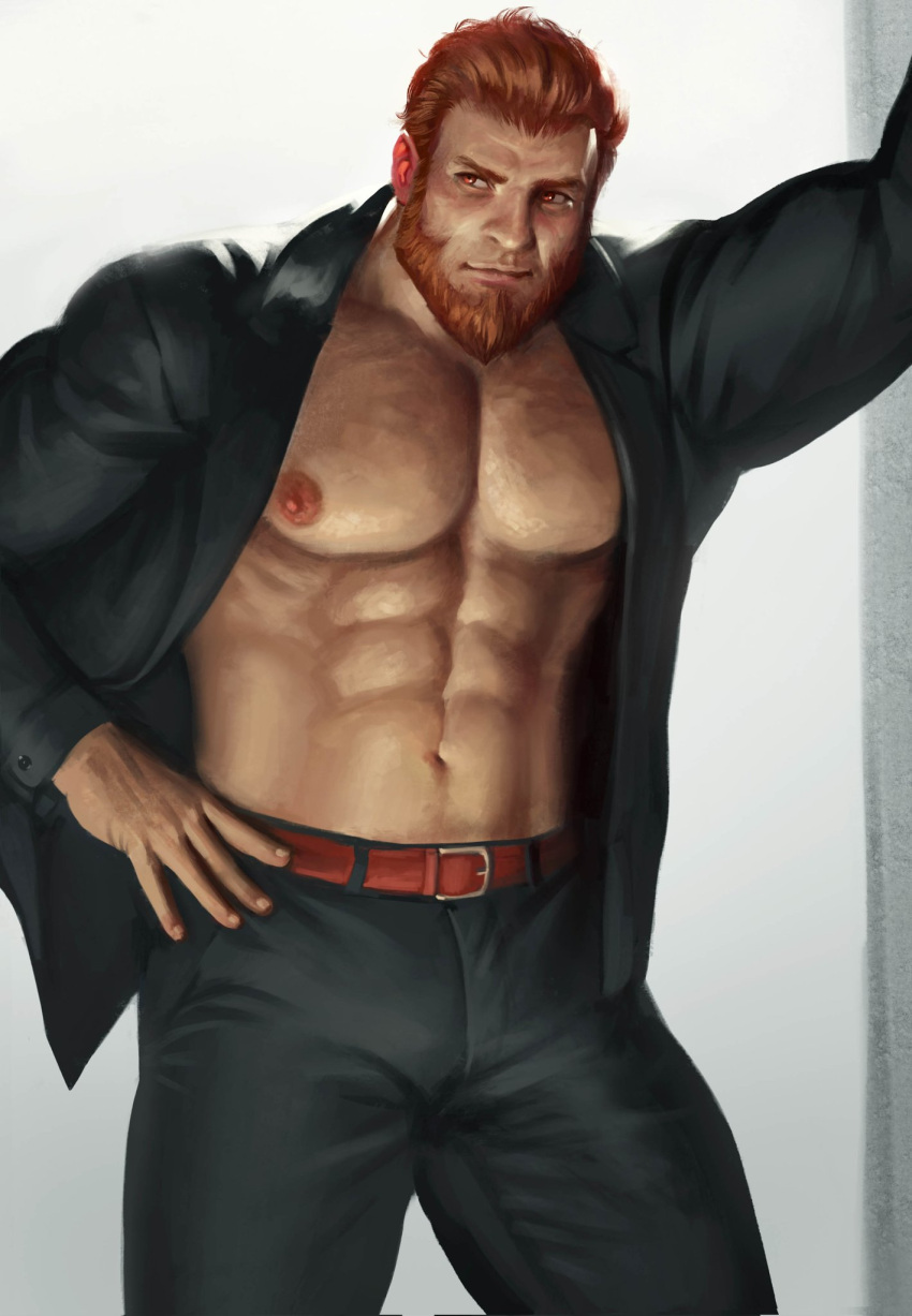 1boy abs bara bare_pectorals beard bulge cowboy_shot dark-skinned_male dark_skin facial_hair fate/zero fate_(series) full_beard highres iskandar_(fate) jacket large_pectorals light_smile looking_to_the_side male_focus mature_male muscular muscular_male navel nipples no_shirt old old_man pectorals realistic red_eyes red_hair short_hair solidbone solo standing stomach suit_jacket thick_beard thick_thighs thighs wrinkled_skin