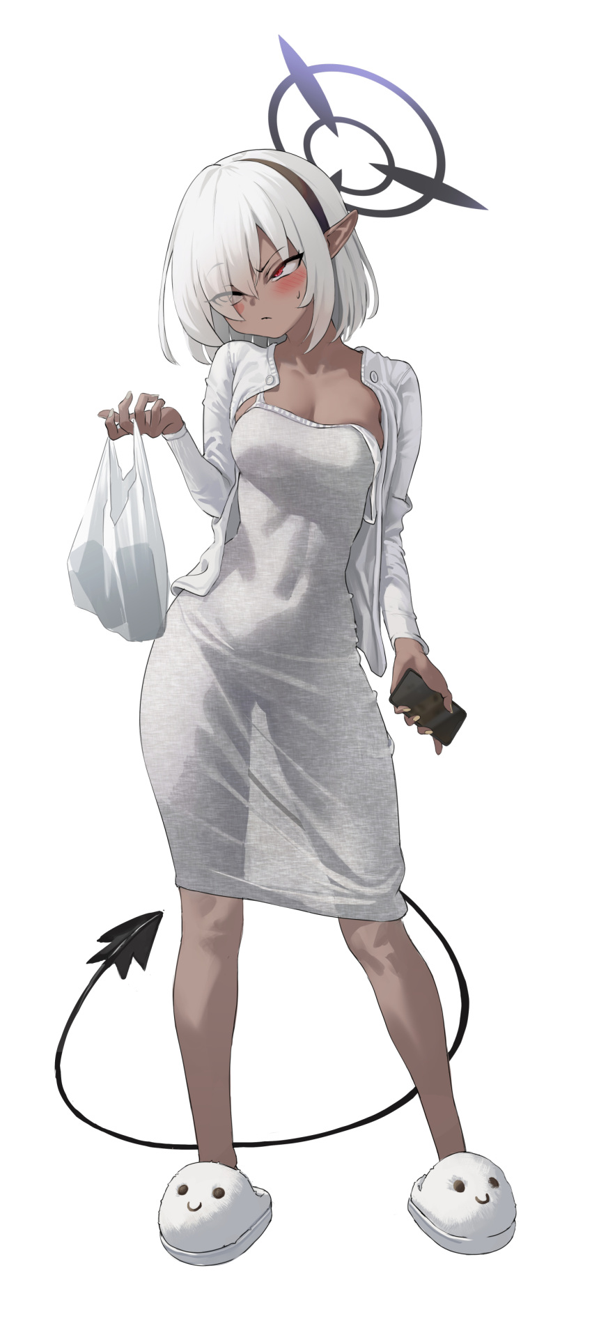 1girl absurdres alternate_costume alternate_hair_length alternate_hairstyle animal_slippers averting_eyes b-pang bag blue_archive blush breasts cardigan cellphone cleavage contrapposto covered_navel dark_skin dress full_body grey_dress hair_over_one_eye hairband halo highres holding holding_bag holding_phone iori_(blue_archive) medium_hair phone plastic_bag pointy_ears purple_halo red_eyes see-through_silhouette simple_background slippers smartphone solo standing straight-on tail white_background white_cardigan white_hair