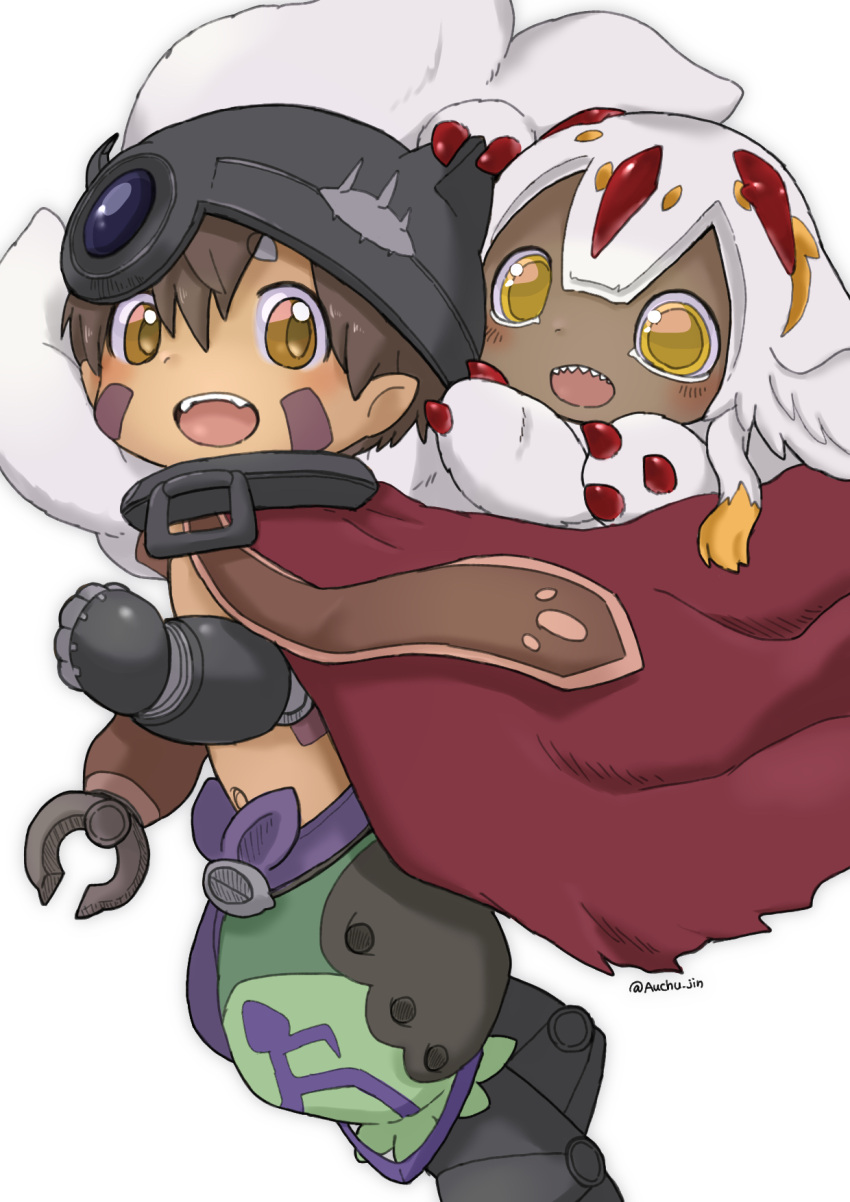 1boy 1girl amputee auchu_jin bodypaint brown_hair cape chibi child claws dark-skinned_female dark_skin extra_arms fake_horns faputa furry green_shorts hair_between_eyes helmet highres horned_headwear horned_helmet horns light_blush looking_at_viewer made_in_abyss mechanical_arms mechanical_hands mechanical_legs multicolored_clothes multicolored_shorts multiple_tails navel open_mouth orange_eyes pointy_ears prosthesis prosthetic_arm purple_shorts red_cape red_claws regu_(made_in_abyss) robot sharp_teeth shorts smile tail teeth topless_male upper_teeth_only white_background white_fur white_hair yellow_eyes