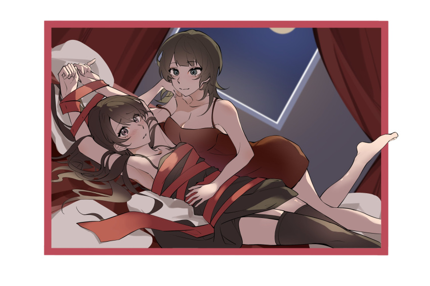 bang_dream! bang_dream!_it's_mygo!!!!! barefoot bed black_camisole black_thighhighs blue_eyes blush bound bound_wrists breasts brown_hair camisole canopy_bed chinese_commentary cleavage closed_mouth commentary_request commission curtains garter_straps hand_on_another's_stomach highres indoors leg_up long_hair lying medium_breasts moon night on_back on_bed parted_lips pillow purple_eyes red_camisole second-party_source shiina_taki smile thighhighs tsumalan yahata_umiri yuri