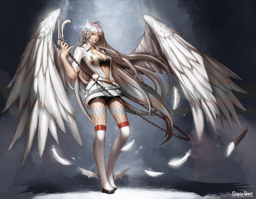 absurdres angel_wings ankle_wings belt blue_eyes breasts bullet chain cleavage collared_shirt dungeon_and_fighter feathers female_gunner female_ranger_(dungeon_and_fighter) fishnet_pantyhose fishnets full_body glint gun hair_ornament handgun highres kneehighs large_breasts lips long_hair looking_at_viewer midriff monaim open_clothes open_shirt pantyhose platform_footwear revolver shirt silver_hair solo standing weapon white_legwear wings