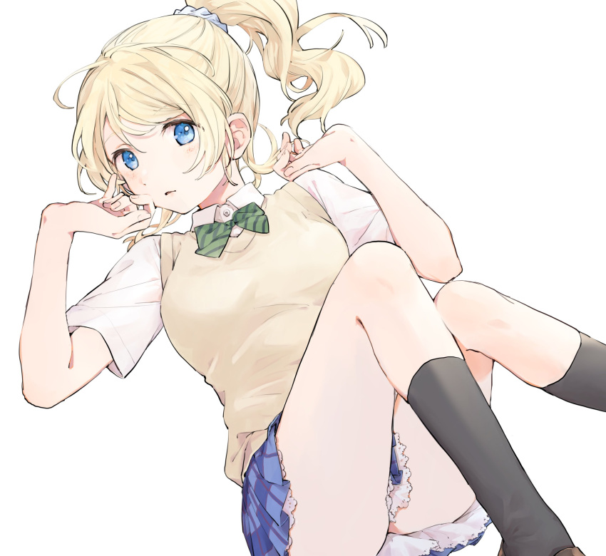 1girl ayase_eli black_socks blonde_hair blue_eyes blue_skirt bow bowtie breasts brown_footwear brown_sweater_vest collared_shirt diagonal-striped_bow diagonal-striped_bowtie diagonal-striped_clothes feet_out_of_frame fingernails green_bow green_bowtie hair_between_eyes hair_ornament hair_scrunchie hands_up high_ponytail highres kneehighs knees_together_feet_apart legs_up light_blush looking_at_viewer love_live! love_live!_school_idol_project lying medium_breasts medium_hair miniskirt on_back otonokizaka_school_uniform parted_lips plaid plaid_skirt pleated_skirt ponytail rinrin_johann school_uniform scrunchie shirt shoes short_sleeves simple_background skirt socks solo striped_clothes sweater_vest white_background white_scrunchie white_shirt