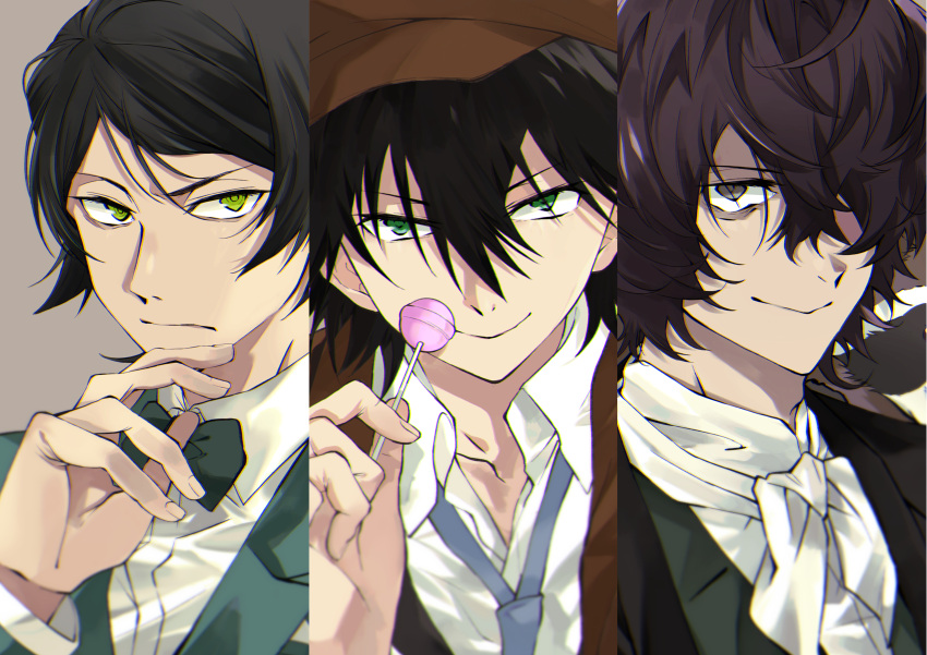 3boys absurdres animal animal_on_shoulder black_bow black_bowtie black_hair blue_necktie bow bowtie brown_eyes brown_hair brown_hat bungou_stray_dogs candy closed_mouth collared_shirt commentary_request edgar_allan_poe_(bungou_stray_dogs) edogawa_ranpo_(bungou_stray_dogs) food green_eyes green_jacket hair_between_eyes hair_over_one_eye hand_up hat highres holding holding_candy holding_food holding_lollipop jacket kanro_(3637_3637) lollipop long_sleeves looking_at_viewer male_focus multiple_boys mushitarou_oguri_(bungou_stray_dogs) neckerchief necktie raccoon shirt short_hair simple_background smile swept_bangs upper_body white_neckerchief white_shirt