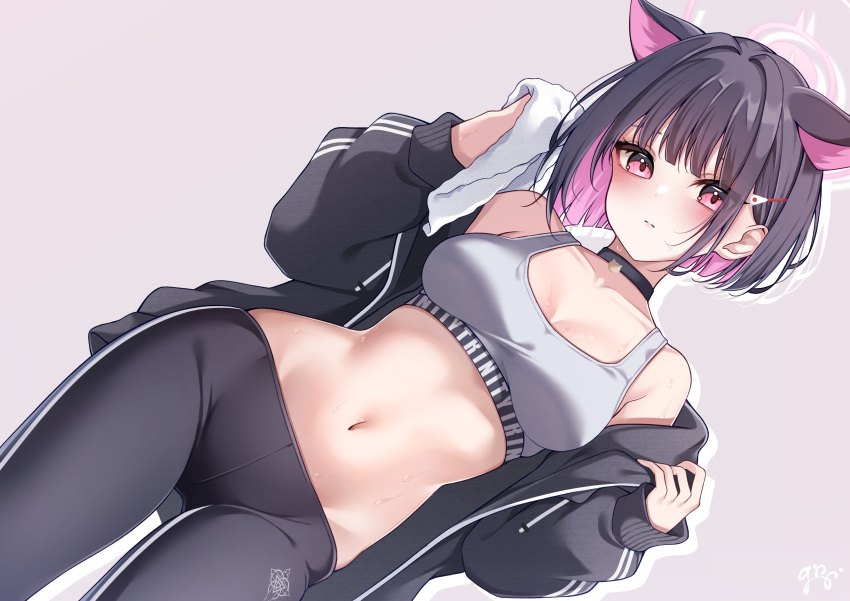 1girl absurdres animal_ears bare_shoulders black_choker black_hair black_jacket black_leggings blue_archive blunt_ends blush breasts cat_choker cat_ears choker closed_mouth collarbone colored_inner_hair commentary dutch_angle extra_ears grey_sports_bra guri_(gri1211) hair_behind_ear hair_ornament hairclip halo highres holding holding_towel jacket kazusa_(blue_archive) leggings long_sleeves looking_at_viewer medium_hair midriff multicolored_hair navel open_clothes open_jacket pink_background pink_eyes pink_hair pink_halo short_hair signature sleeves_past_wrists solo sports_bra stomach sweat thighs towel track_jacket trinity_general_school_logo two-tone_hair