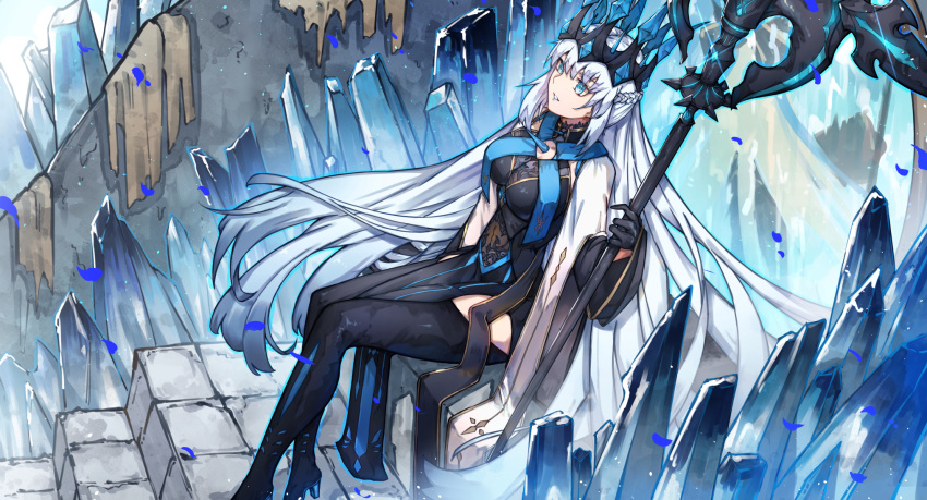 1girl black_dress black_gloves blue_eyes blue_lips braid breasts commentary crown dress english_commentary fate/grand_order fate_(series) french_braid gloves grey_hair highres holding holding_staff holding_weapon lankuchashuangjielong lips lipstick long_hair makeup medium_breasts morgan_le_fay_(fate) parted_lips pelvic_curtain sitting solo spikes staff very_long_hair weapon