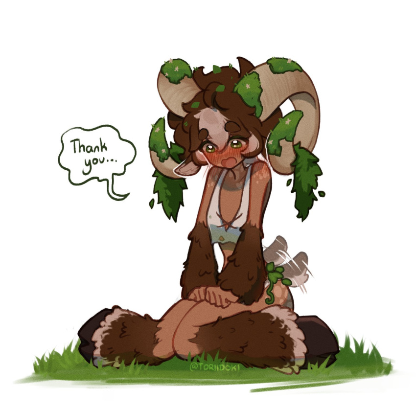 1girl animal_ears bare_shoulders body_freckles breasts brown_hair commentary crop_top curled_horns dark-skinned_female dark_skin english_commentary english_text freckles goat_ears goat_tail green_eyes highres hooves horizontal_pupils horns large_horns messy_hair midriff monster_girl moss multicolored_hair open_mouth original satyr short_hair shoulder_blush simple_background small_breasts solo speech_bubble tank_top toriidoki two-tone_hair vine_belt white_background white_hair white_tank_top willow_(toriidoki)