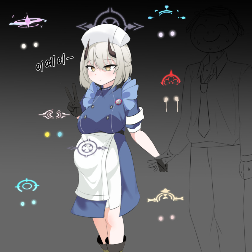 1boy apron black_gloves blue_archive blue_dress boots doodle_sensei_(blue_archive) dress gloves hand_up hat highres horns hoshino_(blue_archive) jahe_(73732258) mika_(blue_archive) miyako_(blue_archive) netorare nurse_cap pregnancy_halo pregnant sena_(blue_archive) sensei_(blue_archive) serina_(blue_archive) shiroko_(blue_archive) short_hair skirt v waist_apron wakamo_(blue_archive) white_hair yellow_eyes